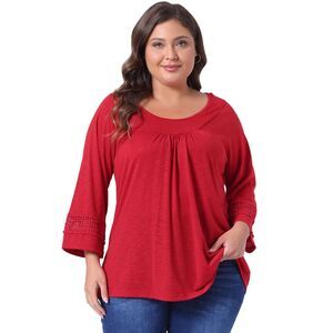 Plus Size Crochet Panel Kimono Raglan Sleeves Tops Red